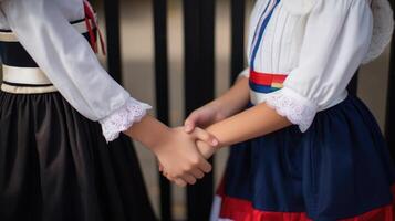 amigáveis ou casual aperto de mão entre França mulheres dentro seus tradicional trajes. generativo ai. foto