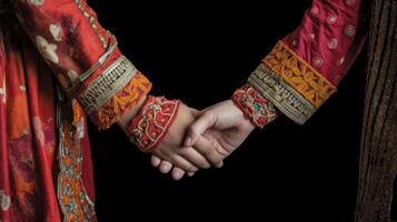 amigáveis ou casual aperto de mão entre árabe cultural mulheres dentro seus tradicional trajes. generativo ai. foto