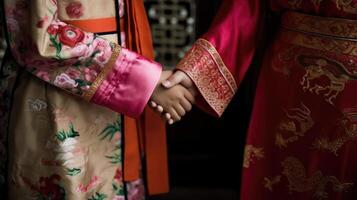 amigáveis ou casual aperto de mão entre chinês mulheres dentro seus tradicional trajes. generativo ai. foto