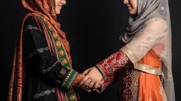amigáveis ou casual aperto de mão entre dois árabe mulheres. fechar acima. generativo ai. foto