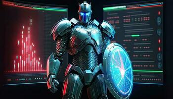 uma cyborg segurando uma futurista com escudo, digital holograma gráficos fundo, digital arte estilo. generativo ai. foto
