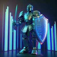 uma cyborg segurando uma futurista espada com escudo, digital holograma gráficos fundo, digital arte estilo. generativo ai. foto