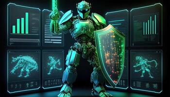 uma cyborg segurando uma futurista espada com escudo e monstro em formação holográfico tela em Sombrio fundo. generativo ai ilustração. foto