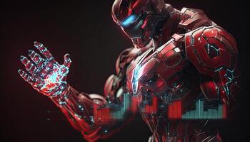 robô operativo virtual interface e manipulando elementos com robótico mão. vermelho holográfico tela artificial inteligência conceito. generativo ai foto