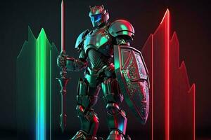uma cyborg segurando uma futurista espada digital holograma gráficos fundo, digital arte estilo. generativo ai. foto