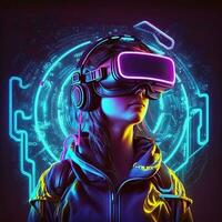 futurista mulher dentro virtual realidade óculos em a fundo do uma néon cidade. cyberpunk, onda retro, onda sintética, Alto definição, arte, generativo artificial inteligência. foto