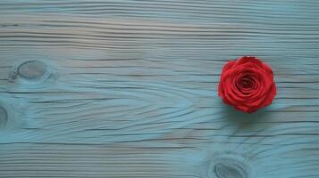 topo Visão do lindo vermelho rosa em pastel azul pintado de madeira mesa, generativo ai. foto