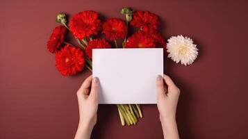 topo Visão foto do fêmea segurando uma em branco branco papel e lindo margarida flores, generativo ai.