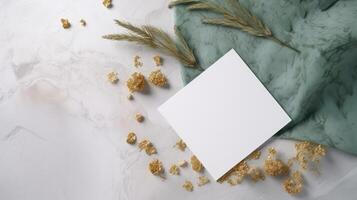 topo Visão do esvaziar branco papel com Palma folhas, dourado flores, verde seda em mármore fundo. Primavera ou Casamento cartão Projeto e cópia de espaço. generativo ai. foto