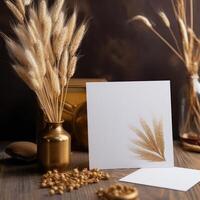 branco em branco convite cartão com dourado floral gravação brincar, seco pampas trigo vaso em prancha textura. generativo ai. foto
