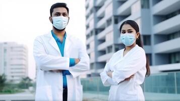 jovem masculino e fêmea médico profissionais vestindo máscaras às hospital fora, generativo ai. foto
