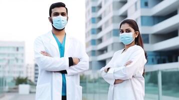 jovem masculino e fêmea médico profissionais vestindo máscaras às hospital fora, generativo ai. foto