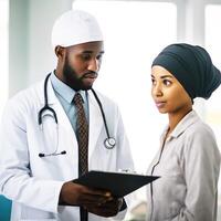 fechar-se retrato do africano muçulmano masculino médico explicando para enfermeira ou paciente às ambiente de trabalho, generativo ai. foto