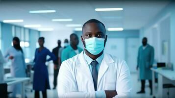 africano masculino médico personagem vestindo mascarar e dele médico equipe em pé dentro corredor do hospital. generativo ai. foto