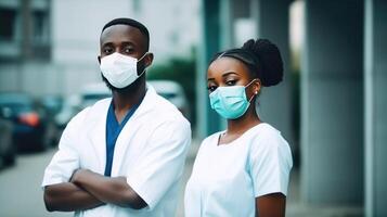 africano jovem masculino e fêmea médico profissionais vestindo máscaras às hospital fora, generativo ai. foto