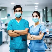 retrato do masculino e fêmea médico vestindo mascarar enquanto em pé dentro a hospital corredor, generativo ai. foto