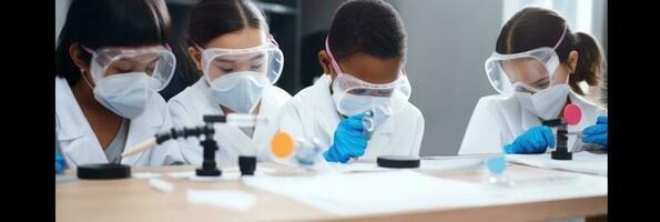 fechar-se retrato do crianças cientistas vestindo segurança óculos e fazendo experimentos dentro a laboratório, generativo ai. foto