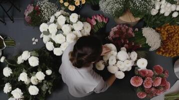 topo Visão do fêmea florista gerenciando ramalhete às local de trabalho dentro floral comprar, generativo ai. foto