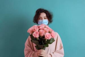 retrato do jovem mulher vestindo mascarar e segurando lindo rosas ramalhete, generativo ai. foto