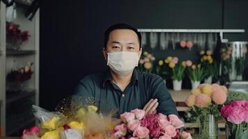 fechar-se retrato do meio envelhecido ásia masculino florista vestindo mascarar dentro dele floral comprar, generativo ai. foto