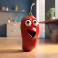 pixar estilo aberto boca vermelho Pimenta 3d personagem às brilhante cozinha sala. generativo ai. foto