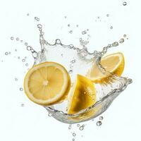 fatias do limão espirrando para dentro meio ar água contra branco fundo, Comida levitação, generativo ai. foto