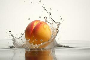 fresco pêssego fruta queda para dentro meio água contra branco fundo. Comida levitação, generativo ai. foto