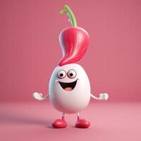 pixar estilo rindo ovo 3d personagem com vermelho Pimenta em Rosa fundo. generativo ai. foto