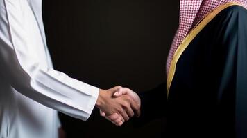 cortada imagem do o negócio aperto de mão entre dois árabe homem em Preto fundo. generativo ai. foto