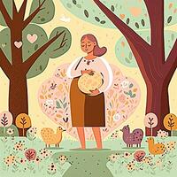 retrato do grávida mulher em pé e fofa animal em jardim fundo. conceito do gravidez, paternidade, mães dia. criada de generativo ai tecnologia. foto
