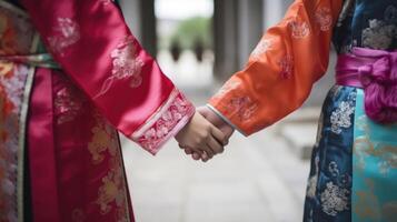 cortada imagem do amigáveis ou casual aperto de mão entre chinês mulheres dentro seus tradicional traje. foto