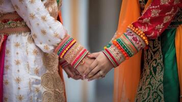 cortada imagem do amigáveis ou casual aperto de mão entre árabe mulheres dentro seus tradicional traje. foto