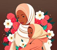 ilustração do africano árabe mulher com dela pequeno filha dentro hijab, floral decorado em Castanho fundo. conceito do mãe dia. criada de generativo ai tecnologia. foto