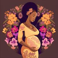 retrato do africano grávida mulher tocante dela barriga, floral decorado em fundo. conceito do gravidez, paternidade, mães dia. criada de generativo ai tecnologia. foto