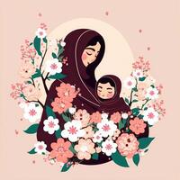ilustração do lindo árabe mulher com dela pequeno filha dentro hijab, floral decorado em Rosa fundo. conceito do mãe dia. criada de generativo ai tecnologia. foto