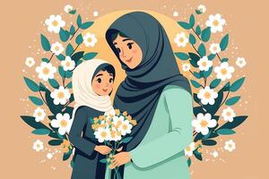 ilustração do lindo árabe menina dentro hijab dando ramalhete para dela mãe, floral decorado em fundo. conceito do mãe dia. criada de generativo ai tecnologia. foto