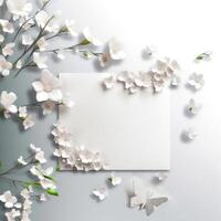 em branco papel cartão brincar e lindo branco flores tendo brilhante luz cor incrivelmente detalhado borboleta. generativo ai. foto