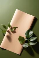 topo Visão do em branco kraft papel brincar e folhas em verde fundo, generativo ai. foto