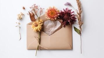 kraft papel envelope e rústico floral decorações plano deitar em branco fundo. generativo ai. foto