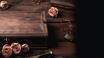 fechar-se do vintage de madeira caixa, rosa flores, Antiguidade perfume garrafa em prancha textura mesa topo. generativo ai. foto