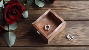 aberto de madeira caixa com joalheria e vermelho rosa floral em prancha textura mesa topo. generativo ai. foto