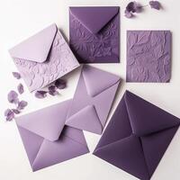 a sobrecarga Visão do feito à mão papel envelope construir com aba floral personalizado Projeto coleção para Casamento ou evento cartão. generativo ai. foto