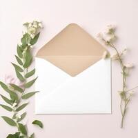 elegância cumprimento cartão envelope com Gypsophila flor para evento ou Casamento conceito. generativo ai. foto