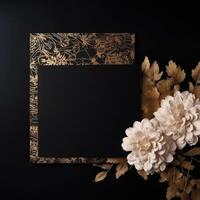 luxo festa ou Casamento convite cartão com dourado mães flor ramalhete em Preto fundo e cópia de espaço. generativo ai. foto