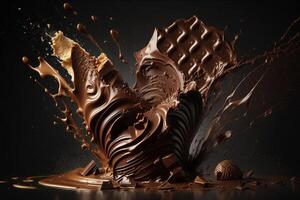 uma delicioso Derretendo chocolate respingo dentro uma realista estilo. quente chocolate, cacau ou café splash. saboroso chocolate líquido splash. chocolate molho coroa splash. para chocolate dia sobremesa de ai gerado foto