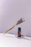 uma garrafa com lavanda essencial óleo em uma lilás fundo. a conceito do aromaterapia e relaxamento. foto