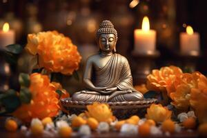 uma Buda senta dentro uma jardim com uma lótus e velas. fundo para vesak festival celebração. vesak dia conceito. vesak celebração dia saudações de ai gerado foto