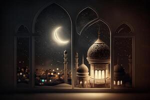 uma janelas retrata a islâmico mesquita às noite com lua e quaresma. dentro estilo do islâmico cidade. arqueado portas. eid al fitr fundo do janela. Ramadã islâmico lanterna em uma mesa de ai gerado foto