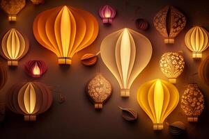 feliz diwali ou deepavali tradicional indiano festival com luminária ou céu lanterna. indiano hindu festival do luz com luminária ou claro. noite céu flutuando lanternas durante diwali celebração de ai gerado foto