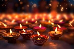 feliz diwali ou deepavali tradicional indiano festival com argila diya óleo lâmpada. indiano hindu festival do luz símbolo com vela e claro. argila diya luminária aceso durante diwali celebração de ai gerado foto